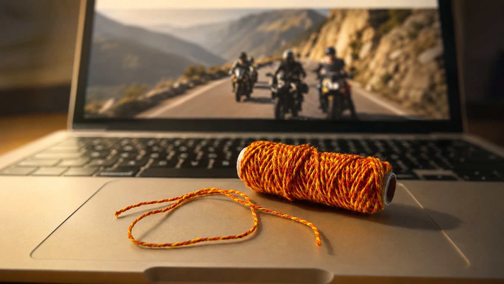 Gelb-rotes Glücksbändchen auf einem Laptop vor einer Motorradtour in den Bergen